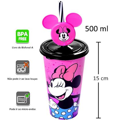 Imagem de Kit 3 em 1 Pote Balde de Pipoca Caneca e Copo Estampado Orelhas Canudo Minnie Rosa