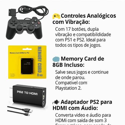 Imagem de Kit 3 em 1 PS2 Com 2 Controles Analógicos + Memory Card 8GB + Adaptador PS2 para HDMI Áudio Estéreo