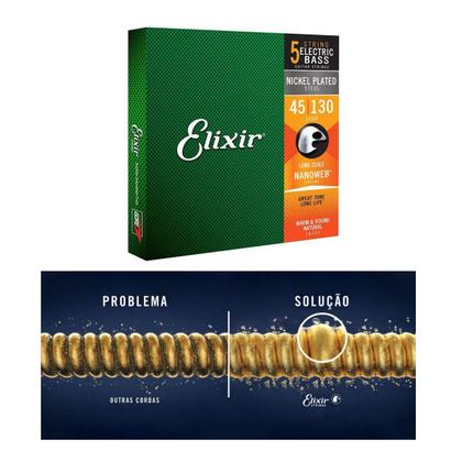Imagem de Kit 3 Encordoamentos Baixo 5 Cordas 045 Elixir Light Long Scale Nanoweb Made In USA 14202