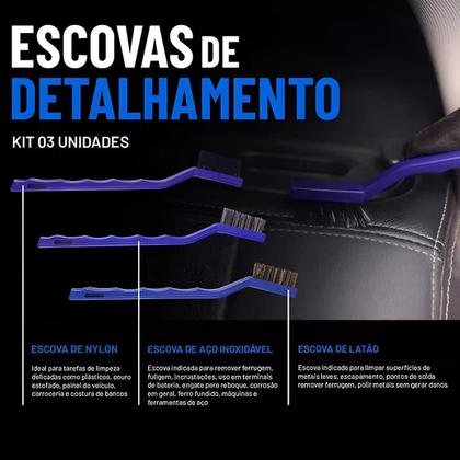 Imagem de Kit 3 Escovas Detalhamento Automotivo Nylon Aço Inox Latão