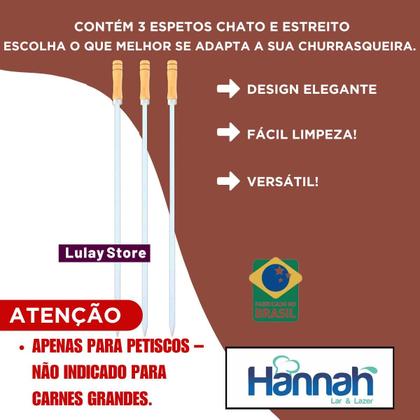 Imagem de Kit 3 Espetos Aperitivo Estreito Alumínio Chato Assar Miúdos Petiscos Coraçãozinho Asinha Pão Alho