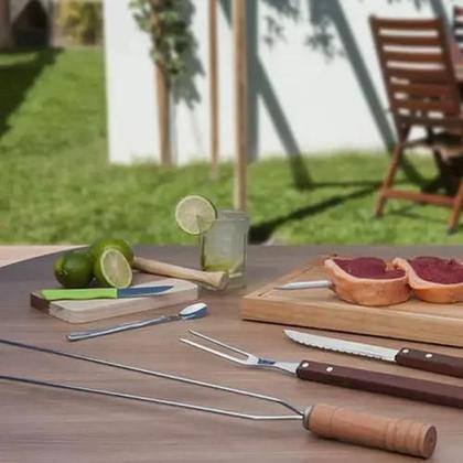 Imagem de Kit 3 Espetos Duplo De Churrasco Cabo Madeira Lamina de Aço