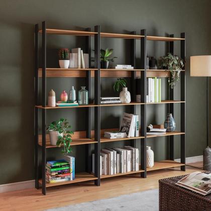 Imagem de Kit 3 Estantes para Livros 15 Prateleiras Estilo Industrial Lâmina Mel/Preto - BRV Móveis