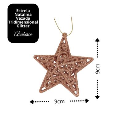 Imagem de Kit 3 Estrelas Tridimensional Glitter Arabesco Natal Rosê Gold 9cm - Magizi
