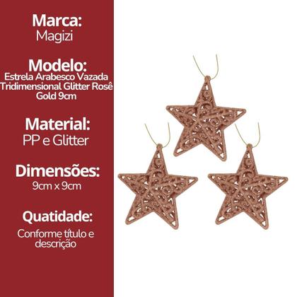 Imagem de Kit 3 Estrelas Tridimensional Glitter Arabesco Natal Rosê Gold 9cm - Magizi