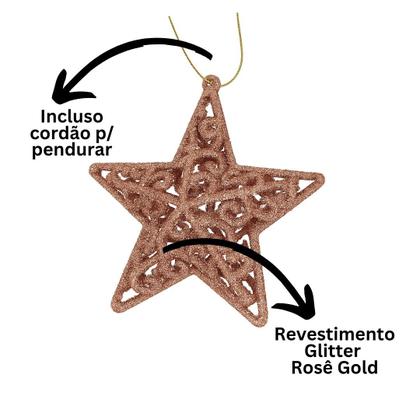 Imagem de Kit 3 Estrelas Tridimensional Glitter Arabesco Natal Rosê Gold 9cm - Magizi