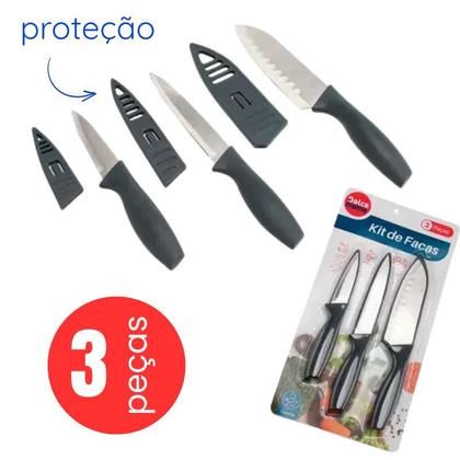 Imagem de Kit 3 Facas com Proteção Gourmet Cozinha Ideal para Cortar Furar e Fatiar Dolce Home