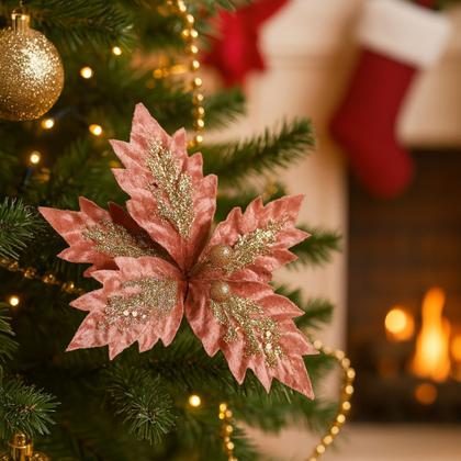 Imagem de Kit 3 Flores Bico de Papagaio Veludo Rosê Pick Natal Glitter Dourado 24cm - Magizi