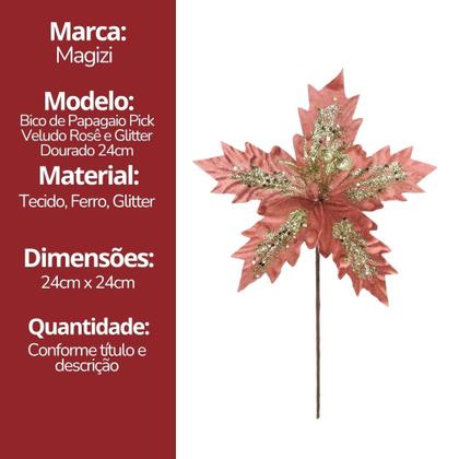 Imagem de Kit 3 Flores Bico de Papagaio Veludo Rosê Pick Natal Glitter Dourado 24cm - Magizi