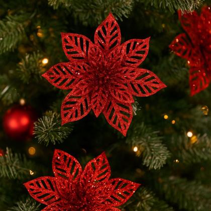 Imagem de Kit 3 Flores Pick Natal Bico de Papagaio Glitter Vermelho Vazado 15cm - Magizi