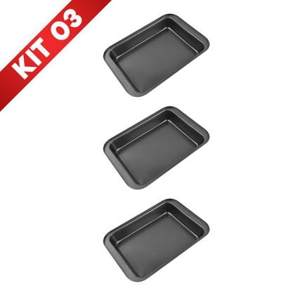 Imagem de Kit 3 Forma Assadeira Pão Caseiro Antiaderente Teflon Lasanha Retangular Bolo Jogo Conjunto Queijo