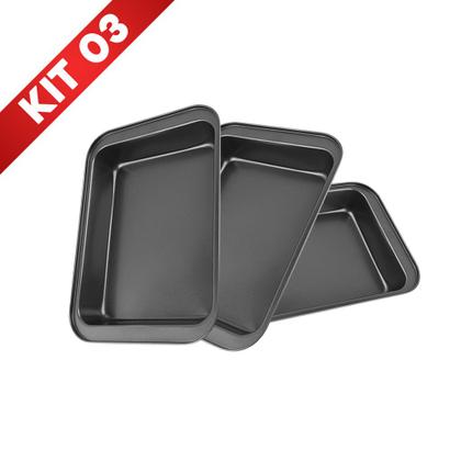 Imagem de Kit 3 Forma Assadeira Pão Caseiro Antiaderente Teflon Lasanha Retangular Bolo Jogo Conjunto Queijo