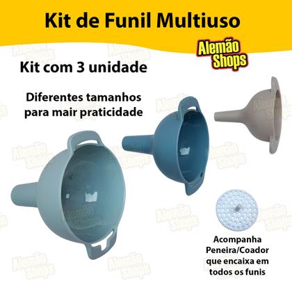 Imagem de Kit 3 Funil com Peneira Coador Pequeno Médio Grande Cozinha Plástico 4 Peças Líquidos Óleo