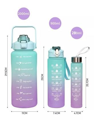 Imagem de Kit 3 Garrafas de Água Motivacional Original com Adesivos 3D e 2D - 2 Litros, 800ml e 300ml