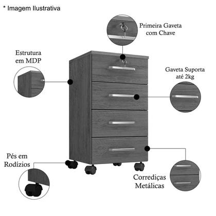 Imagem de Kit 3 Gaveteiros Escritório Chave e Rodízios 4 Gavetas Gávea