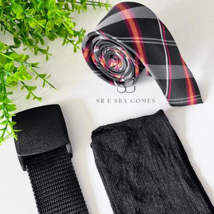 Imagem de Kit 3 Itens Gravata Xadrez com Cinto Catraca Sport Fino Fivela Catraca e Meia Social Masculina Presente Pratico