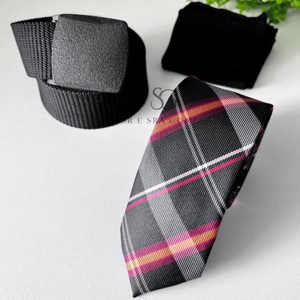 Imagem de Kit 3 Itens Gravata Xadrez com Cinto Catraca Sport Fino Fivela Catraca e Meia Social Masculina Presente Pratico