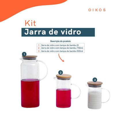 Imagem de Kit 3 jarras de vidro borossilicato suco com tampa de bambu - Oikos