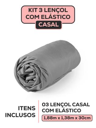 Imagem de Kit 3 Jogo de Lençol Cama Casal Padrão com Elástico De Baixo Liso Varias Cores Hotel Pousada Clean