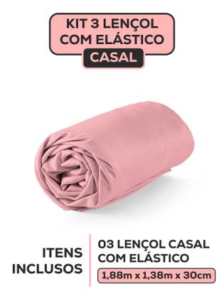 Imagem de Kit 3 Jogo de Lençol Cama Casal Padrão com Elástico De Baixo Liso Varias Cores Hotel Pousada Clean
