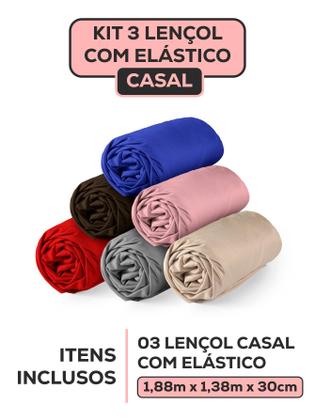 Imagem de Kit 3 Jogo de Lençol Cama Casal Padrão com Elástico De Baixo Liso Varias Cores Hotel Pousada Clean