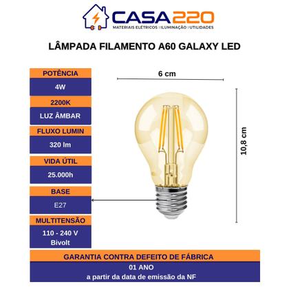 Imagem de Kit 3 Lâmpadas Retrô Filamento Galaxy LED A60 4W 2200K Luz Âmbar Bivolt
