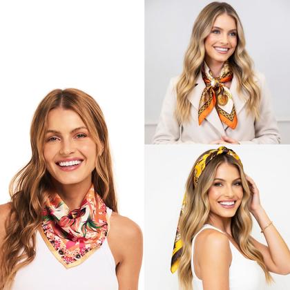 Imagem de Kit 3 Lenços Cetim 50x50 Estampado Bandana Cabelo Pescoço Moda Retrô Pin Up Fantasia