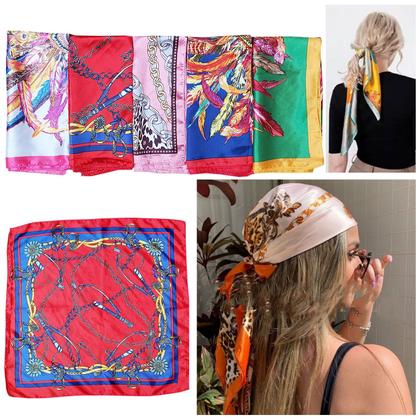 Imagem de Kit 3 Lenços Cetim 50x50 Estampado Bandana Cabelo Pescoço Moda Retrô Pin Up Fantasia