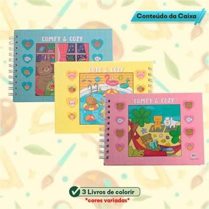 Imagem de Kit 3 Livros Para Colorir Relaxar Animais Fofos Folha Grossa