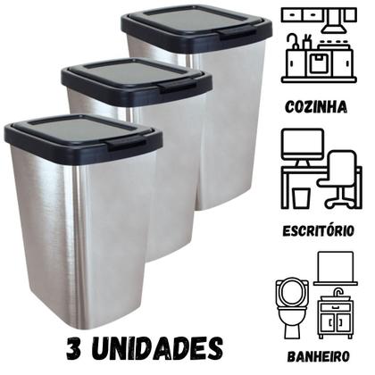 Imagem de Kit 3 Lixeira Retangular 9 Litros Cesto Lixo Tampa Click Metalizada Banheiro Cozinha Pia