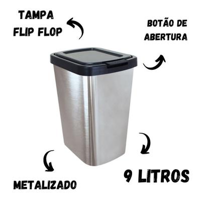 Imagem de Kit 3 Lixeira Retangular 9 Litros Cesto Lixo Tampa Click Metalizada Banheiro Cozinha Pia