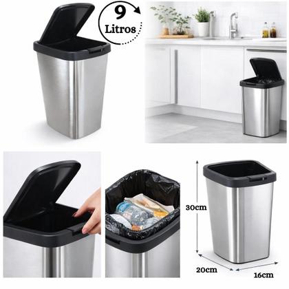 Imagem de Kit 3 Lixeira Retangular 9 Litros Cesto Lixo Tampa Click Metalizada Banheiro Cozinha Pia