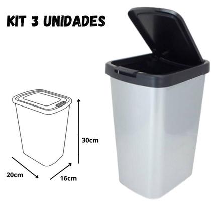 Imagem de Kit 3 Lixeira Retangular 9 Litros Cesto Lixo Tampa Click Metalizada Banheiro Cozinha Pia