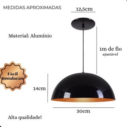 Imagem de Kit 3 Luminárias Pendentes Meia Lua 30cm Preto/Cobre 110/220v