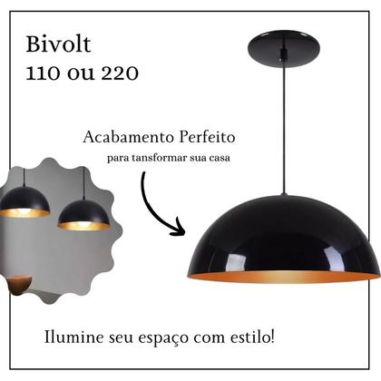 Imagem de Kit 3 Luminárias Pendentes Meia Lua 30cm Preto/Cobre 110/220v