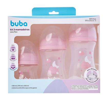 Imagem de Kit 3 Mamadeiras Buba Easy Flow Bico Silicone Anticólica Nuvem Rosa Menina 120ml 270ml 330ml