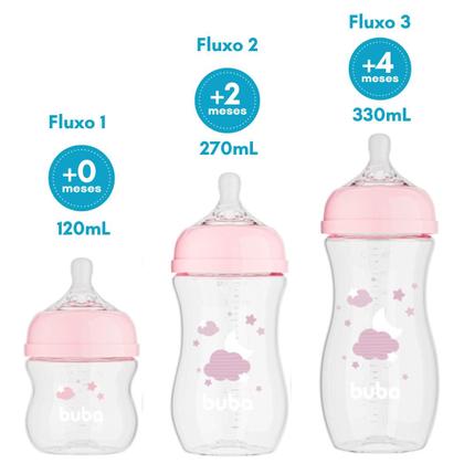 Imagem de Kit 3 Mamadeiras Buba Easy Flow Bico Silicone Anticólica Nuvem Rosa Menina 120ml 270ml 330ml