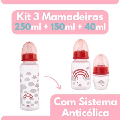 Imagem de Kit 3 Mamadeiras Meses Fases RN Bebê Criança Rosa Sistema Anticólica Arco íris Silicone Anatômica