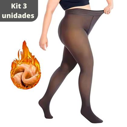 Imagem de Kit 3 Meias Calça Peluciada Plus Size Feminina Forrada Translucida Lã Pelinho Termica Grossa Inverno Com Pé