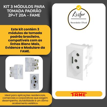 Imagem de Kit 3 Módulos Para Tomada Padrão 20a Simples Evidence - Fame