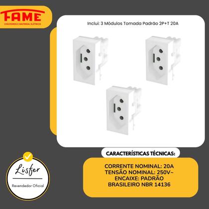 Imagem de Kit 3 Módulos Para Tomada Padrão 20a Simples Evidence - Fame