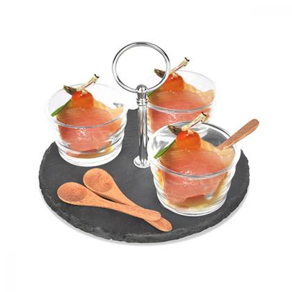 Imagem de Kit 3 Molheiras Vidro Copos Bandeja Ardósia Colheres Servir Molhos Temperos Buffet Eventos Petiscos Degustação Potes 15cm