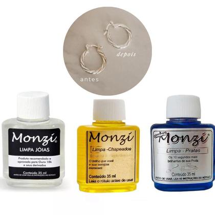 Imagem de Kit 3 Monzi 35ml Limpa Chapeados Semijóia Prata Ouro Original Liquido Jóias