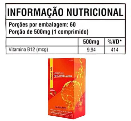 Imagem de Kit 3 Neuro B12 Metilcobalamina 60 Comp Mastigavel. Good Vit