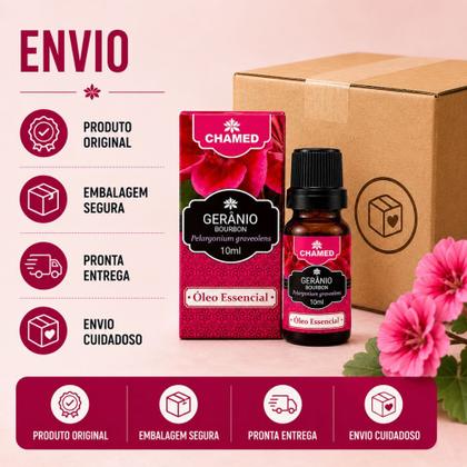 Imagem de Kit 3 Óleo Essencial Gerânio Bourbon 100% Puro 10ml Chamed