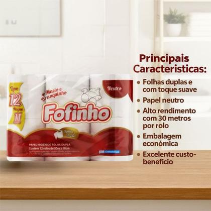 Imagem de Kit 3 Pacotes Papel Higiênico Fofinho Folha Dupla Neutro 30m 12 Rolos