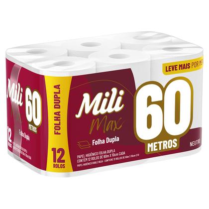 Imagem de Kit 3 Pacotes Papel Higiênico Folha Dupla Mili 12 Rolos com 60 Metros Max Neutro - Kit 2160 Metros de Papel