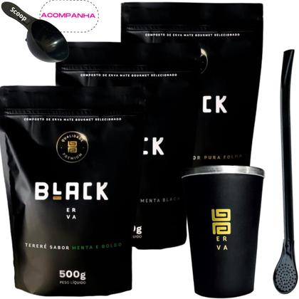 Imagem de Kit 3 Pacotes Tereré Black Erva Mate + Copo de Alumínio Térmico + Bomba Clássica Preta + Scoop