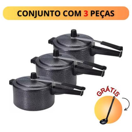 Imagem de Kit 3 Panela de Pressão 7 Litros 4,5L 2,5L Alumínio Preto Craqueado Com Inmetro Selo e Concha