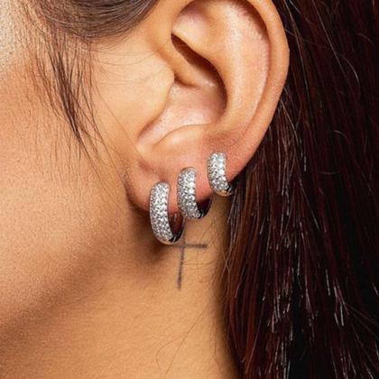 Imagem de Kit 3 pares Brinco Cravejada Trio Argola BANHADA A PRATA 925 2 Fileiras de Zircônia brincos argola